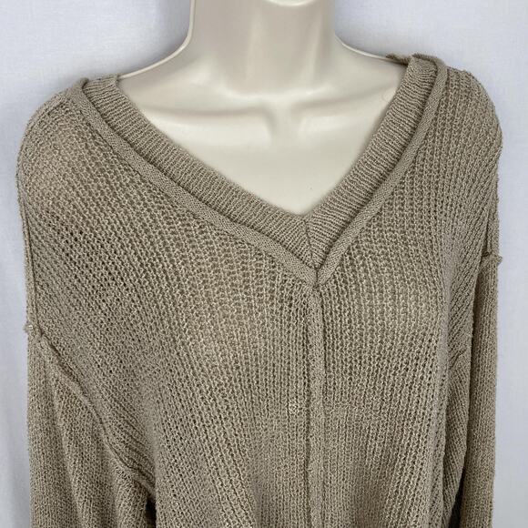 POL Sweater Womens Medium Taupe Double V Neck Oversized Slouchy Chunky Open Knit - Picture 3 of 14